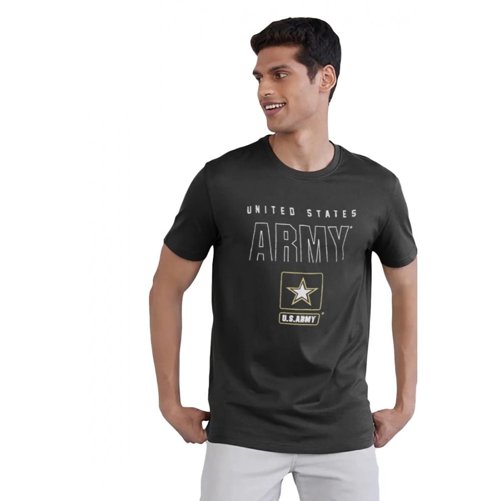 Black cotton men's casual half sleeve typographic printed crew neck t-shirt with relaxed fit