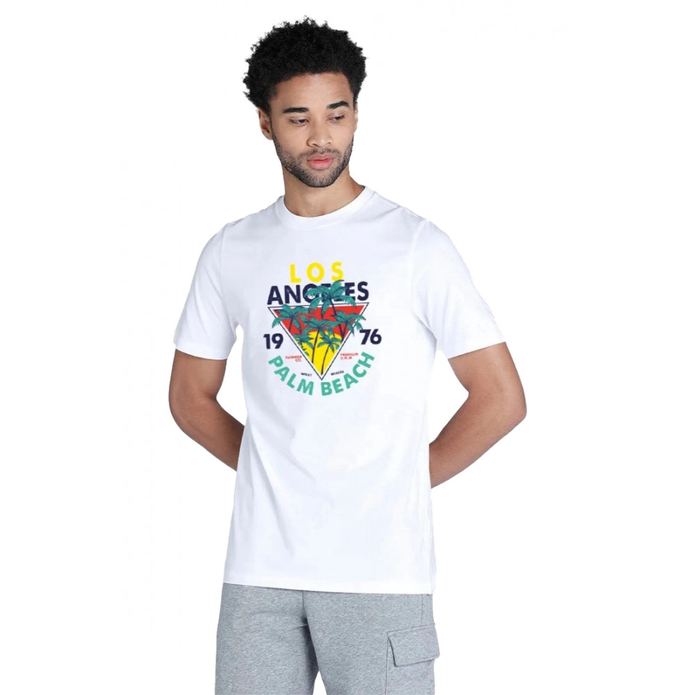 White printed typographic men's casual half sleeve crew neck polyester t-shirt with comfortable fit