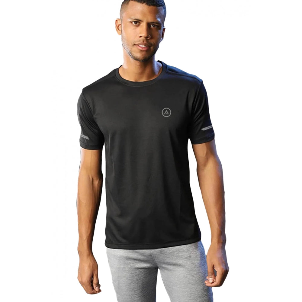 Black polyester men's casual half-sleeve crew neck t-shirt with solid design, ideal for everyday wear