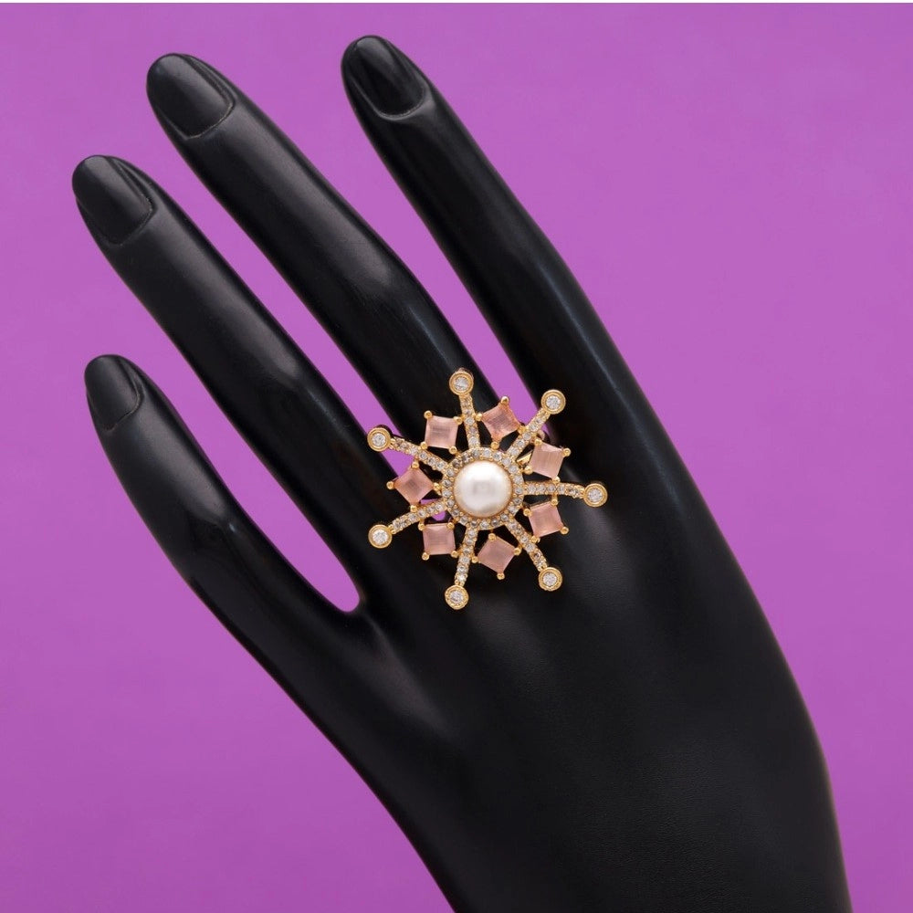 Women's Pink Color American Diamond Finger Adjustable Ring