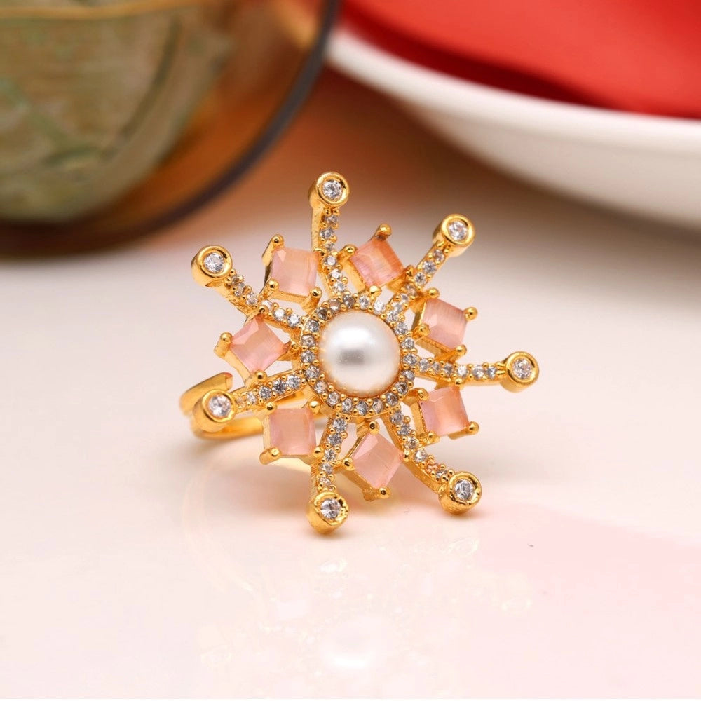 Women's Pink Color American Diamond Finger Adjustable Ring