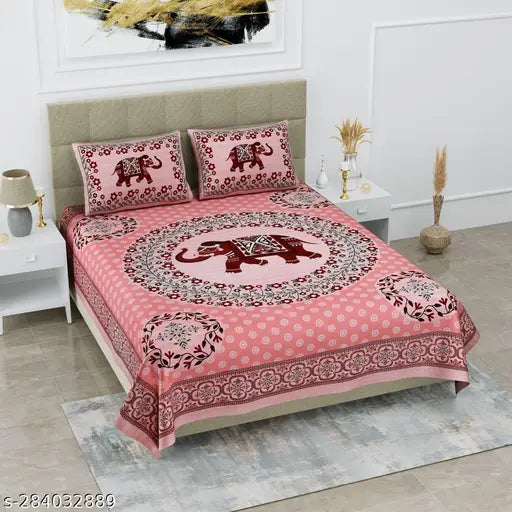 White cotton Satnam Collection flat sheets with Jaipuri pattern, ideal for summer, includes 2 pillow covers, Made in India