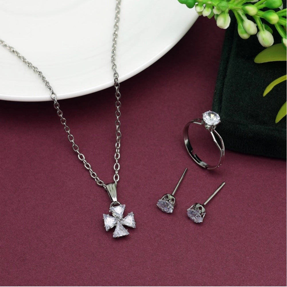 Women's Silver Color Stone Locket Pendant Set Adjustable Ring - GillKart