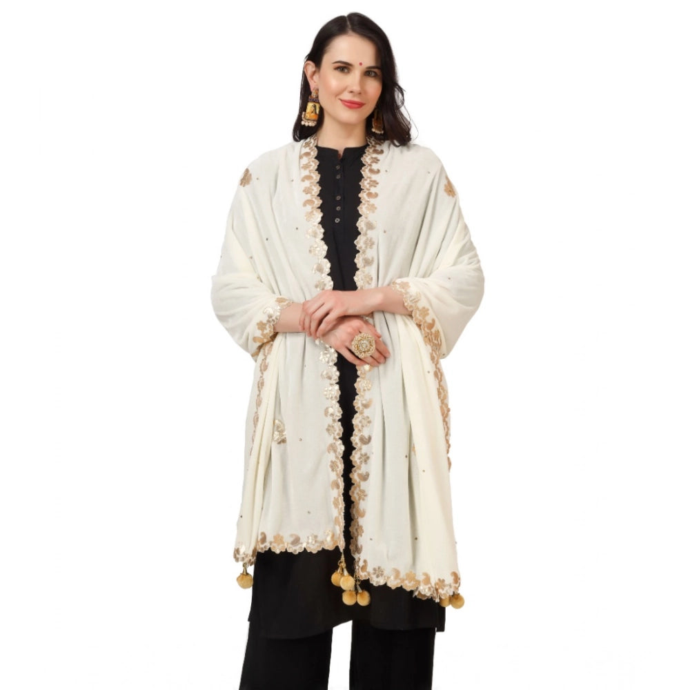 Off white velvet dupatta, embroidered details on border, designed for women's formal attire, fashionable accessory