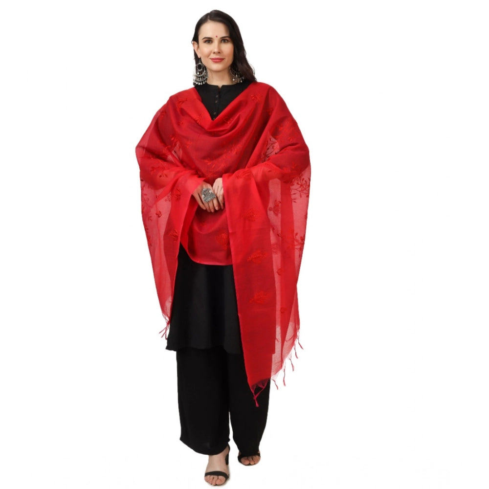Red cotton embroidered dupatta, festive occasion wear for women, 2.25-2.50 mtr length on display