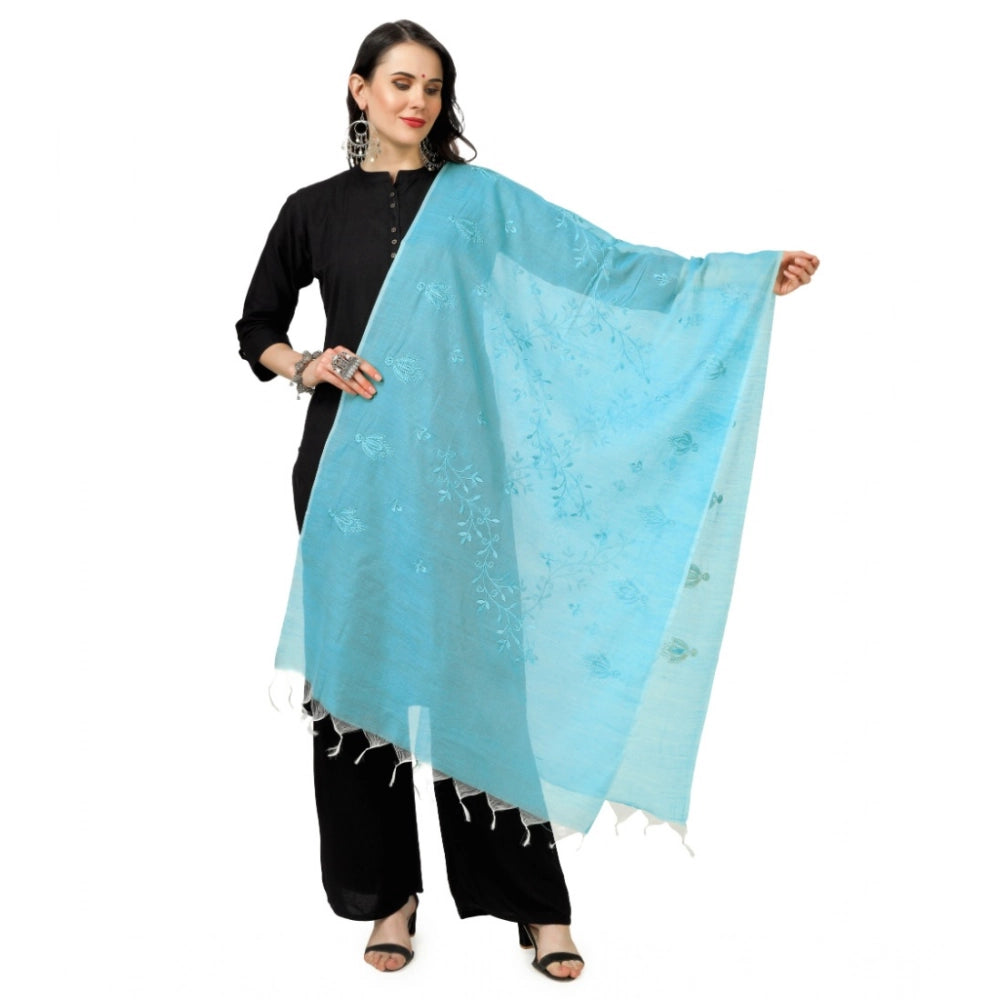 Aqua Blue Embroidered Cotton Dupatta for festive occasions (2.25-2.50 mtr length)