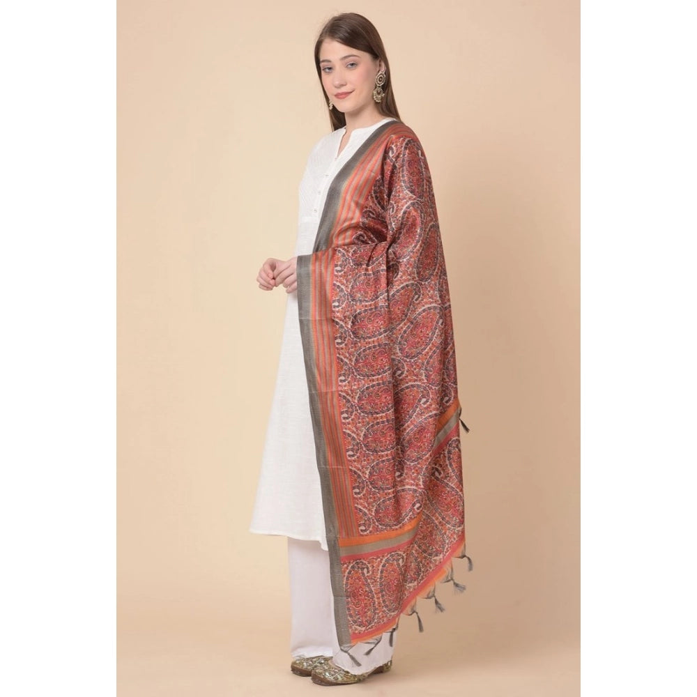 Orange art silk printed dupatta for women's casual wear, length 2.25-2.50mtr