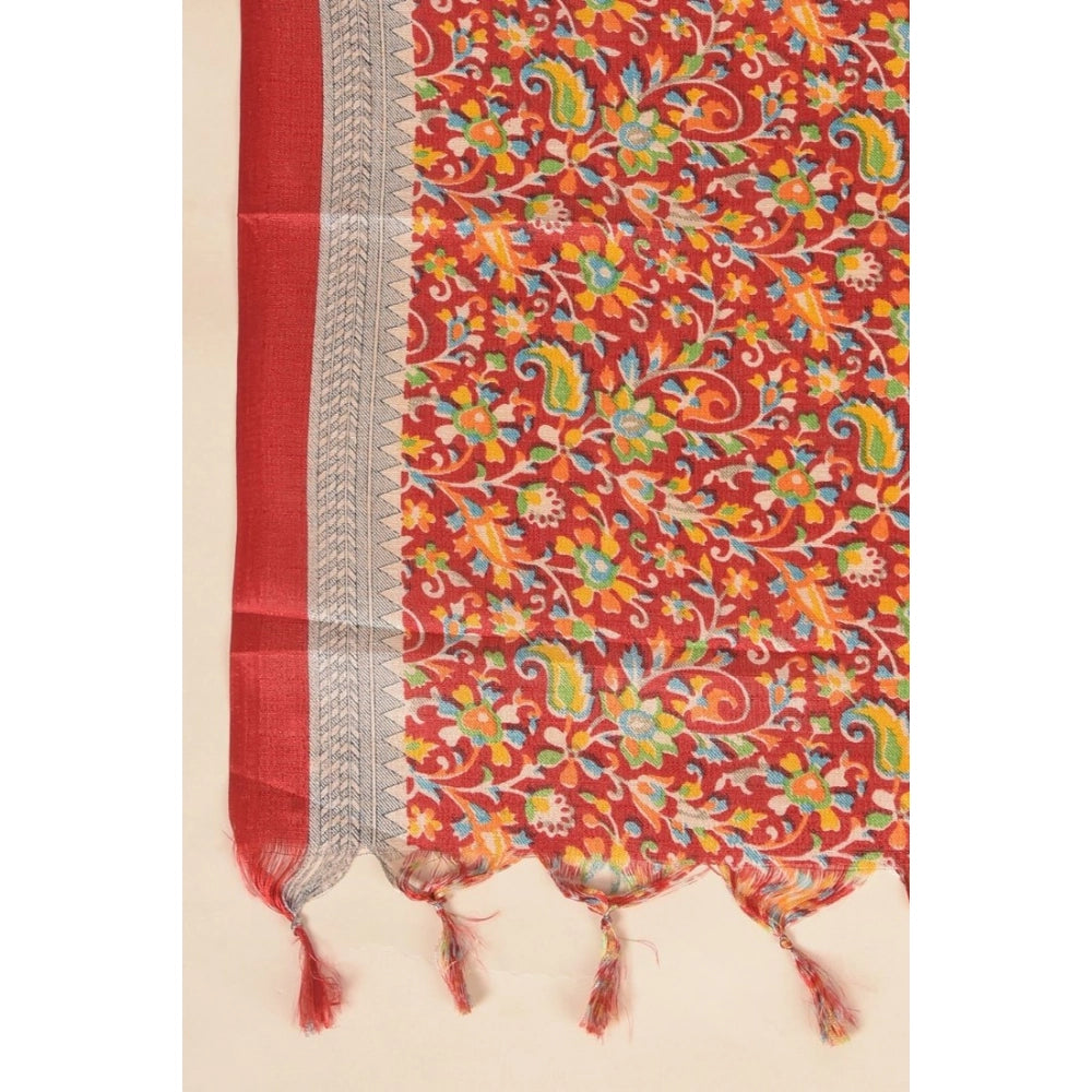 Red art silk printed dupatta, vibrant pattern on casually-worn women's attire