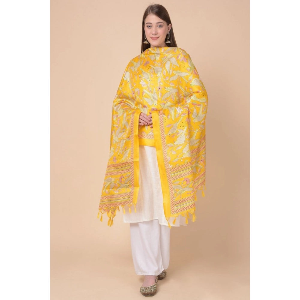 Art silk yellow printed dupatta for women, length 2.25-2.50 mtr, suitable for casual occasions