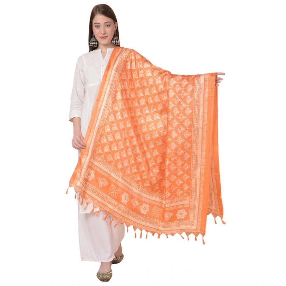Orange art silk printed dupatta for casual occasions, length ranges between 2.25 to 2.50 meters