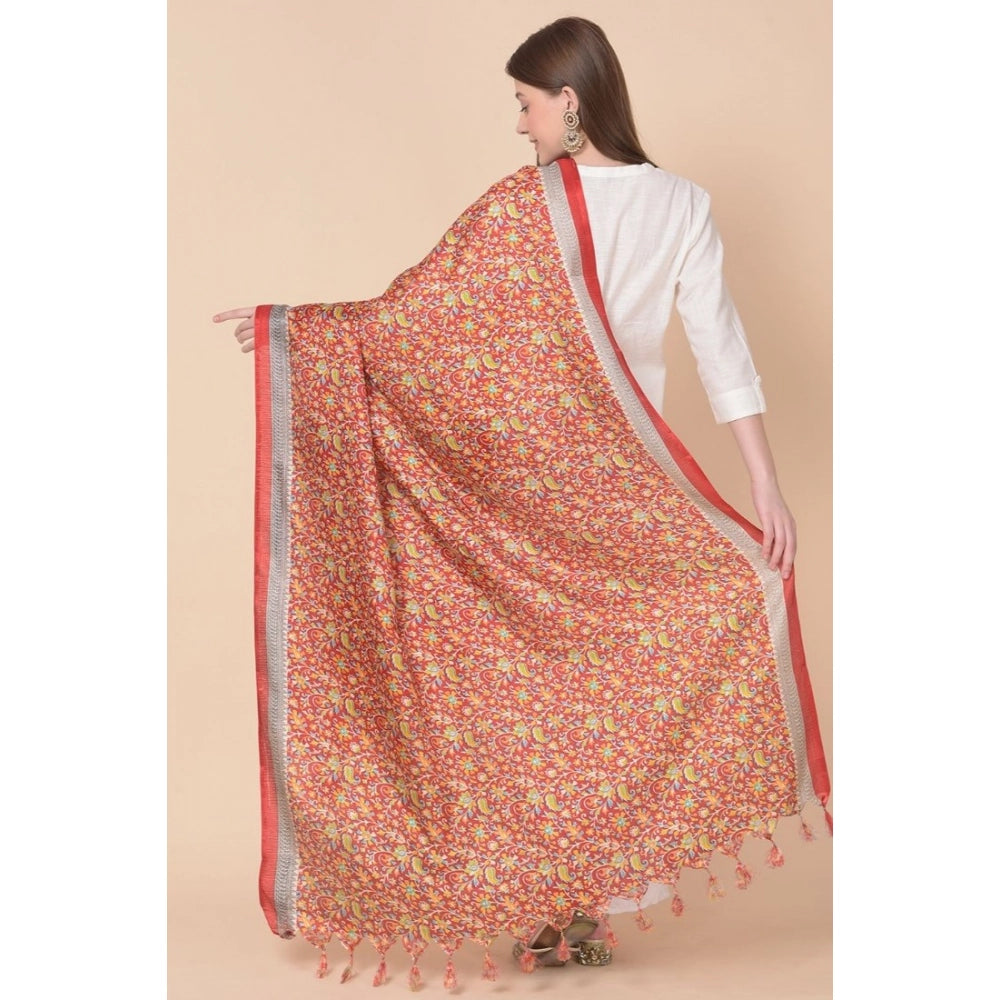 Art silk printed red dupatta for women, length 2.25-2.50m, suitable for casual occasions