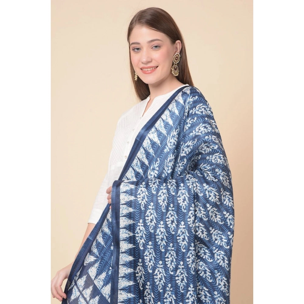 Art silk printed blue dupatta for women, vibrant patterns on a casual occasion, 2.25 - 2.50 m length