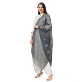 Grey embroidered cotton dupatta for festive occasions, 2.25-2.50m length