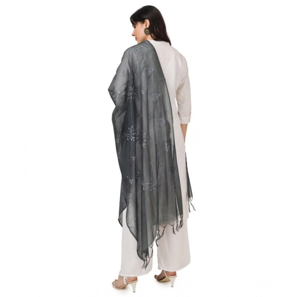 Grey cotton embroidered dupatta for festive occasions, 2.25 to 2.50 mtr length