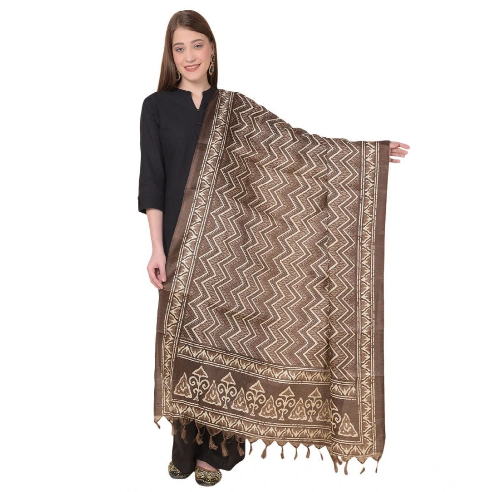 Art silk printed brown dupatta for women, casual occasion accessory, length 2.25-2.50 mtr