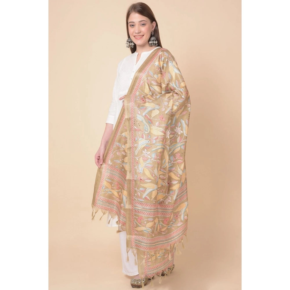 Light brown art silk printed dupatta for casual occasions, 2.25-2.50m length