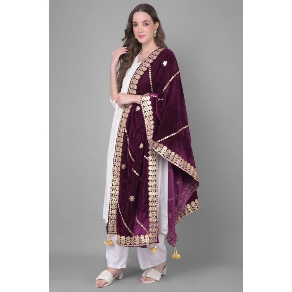 Women's wine-colored Gotta Patti velvet dupatta, festive occasion wear with a length between 2.25 to 2.50 meters