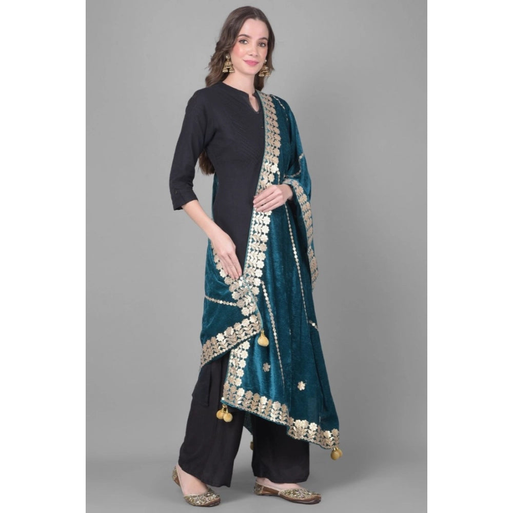 Teal velvet Gotta Patti dupatta (length 2.25-2.50m), festive women's attire accessory