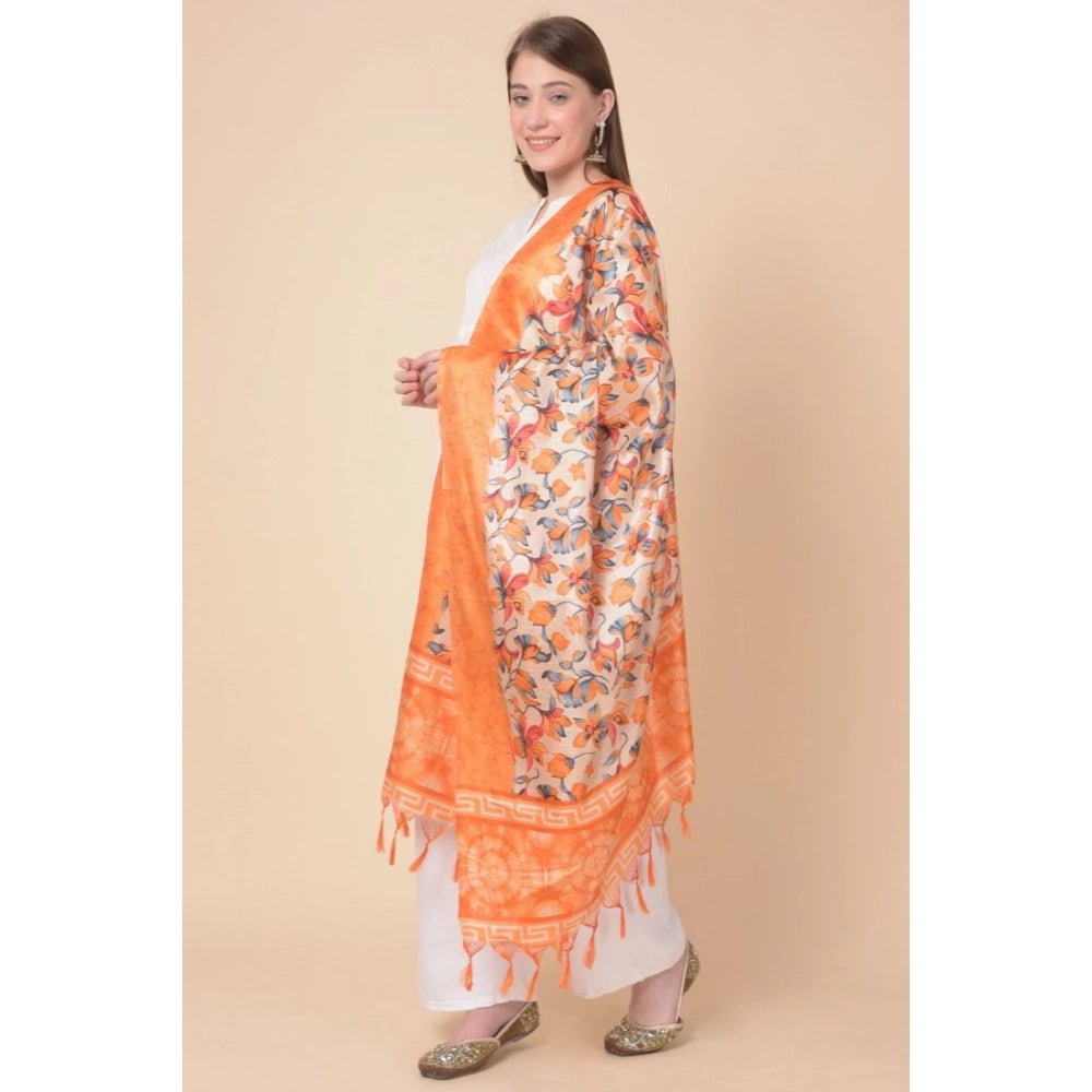 Orange art silk printed dupatta, vibrant pattern on casual wear for women