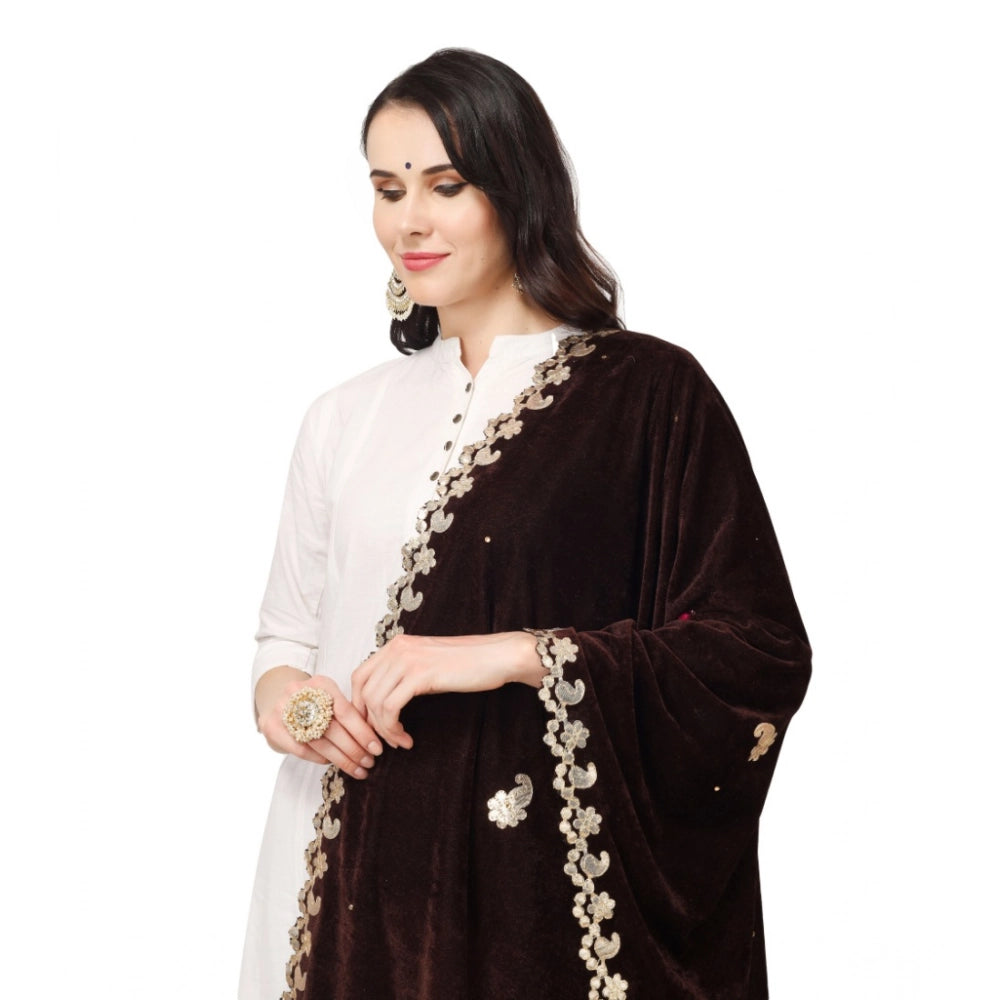 Brown velvet Gotta Patti dupatta for festive occasions, 2.25 to 2.50 meters long, women's traditional Indian wear on mannequin