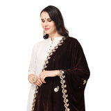 Brown velvet Gotta Patti dupatta for festive occasions, 2.25 to 2.50 meters long, women's traditional Indian wear on mannequin