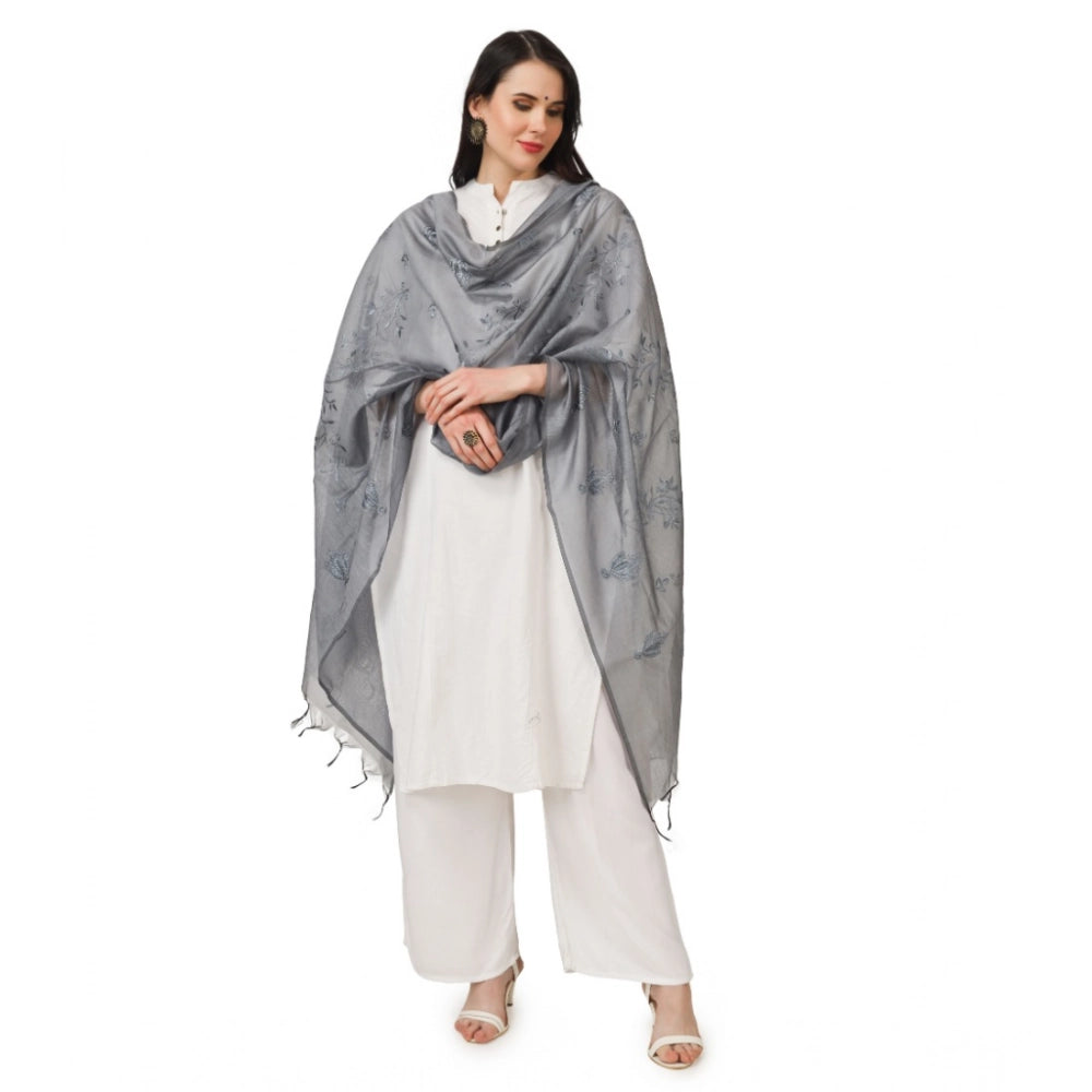 Grey embroidered cotton dupatta for festive occasions, length 2.25-2.50m