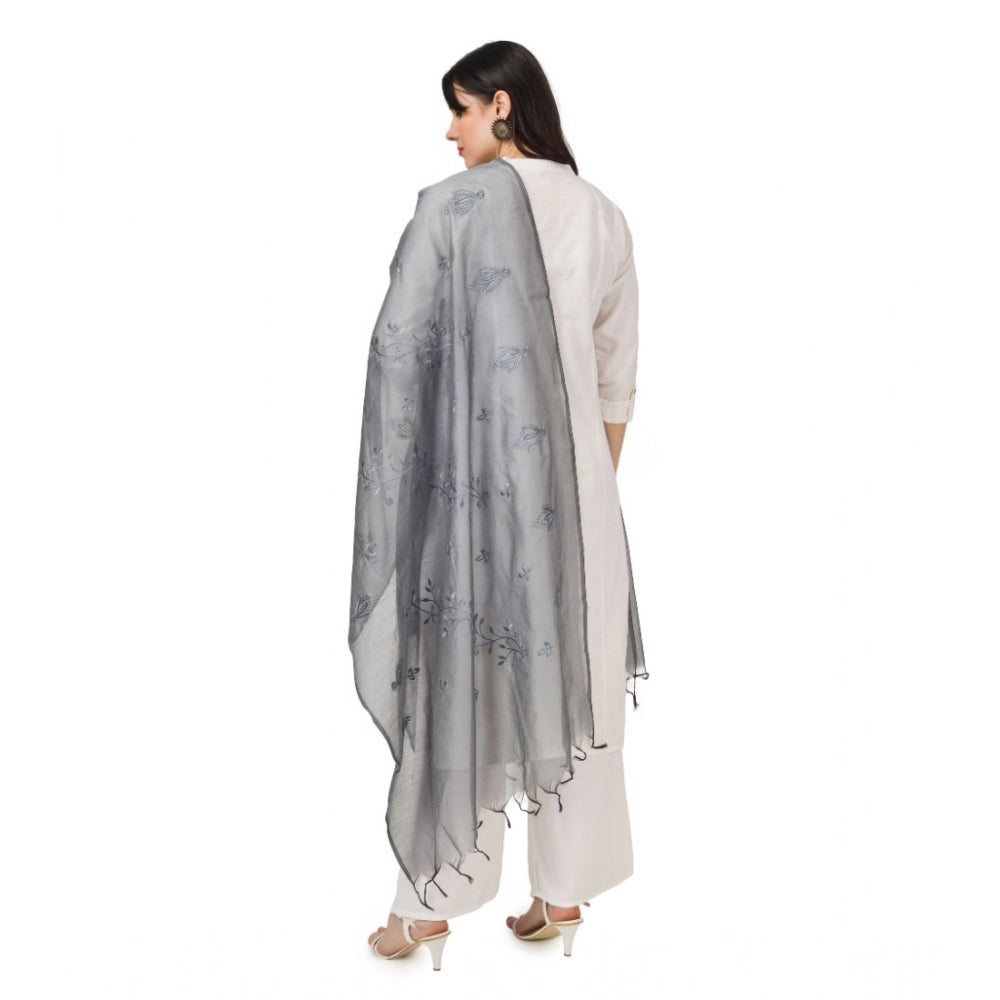 Grey cotton embroidered dupatta for festive occasions, 2.25-2.50m length on mannequin