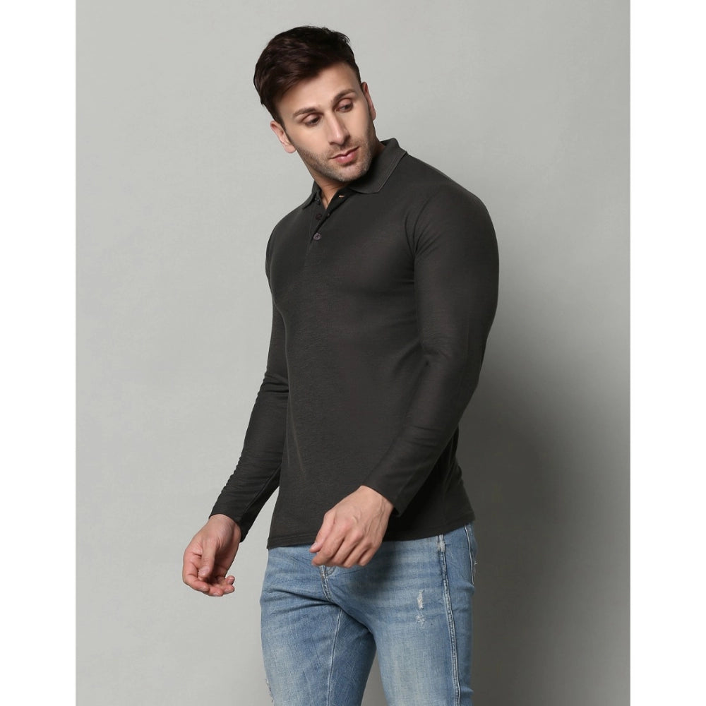 DGrey cotton blended men's casual polo neck T-shirt with full sleeves, solid pattern, regular fit