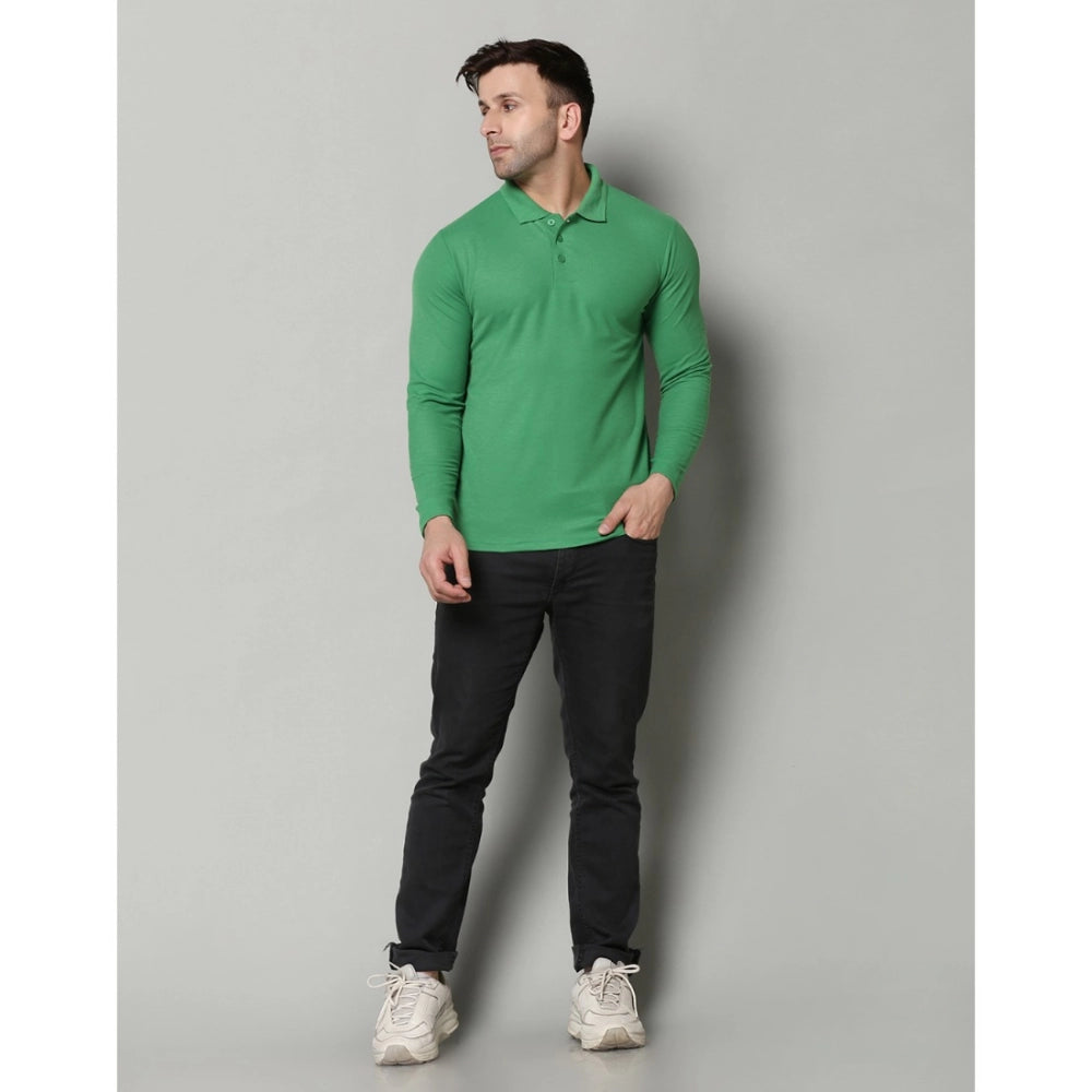 PGreen cotton blended men's casual full sleeve polo neck t-shirt, solid pattern on display