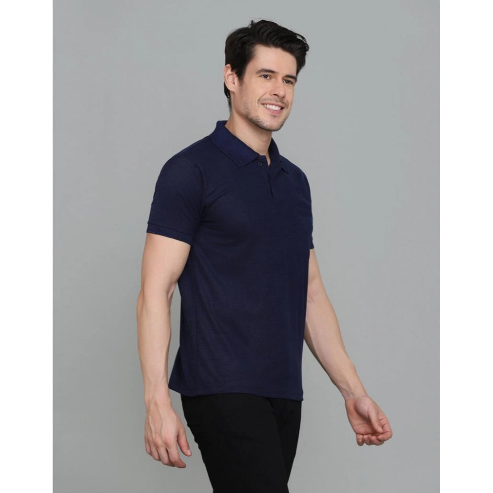 Navy blue cotton blended men's casual half sleeve polo neck t-shirt, solid pattern, regular fit