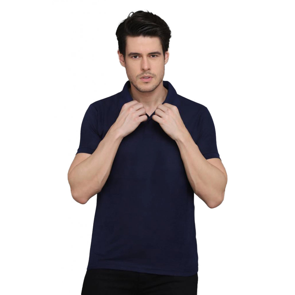 Navy blue cotton blended polo neck t-shirt for men, solid half sleeve design