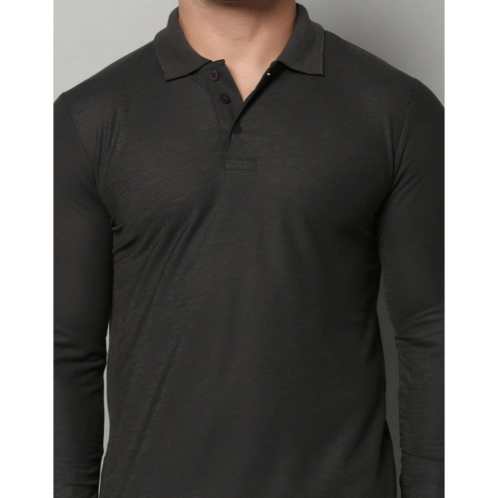 DGrey cotton blended men's casual polo neck t-shirt with full sleeves, solid pattern, regular fit
