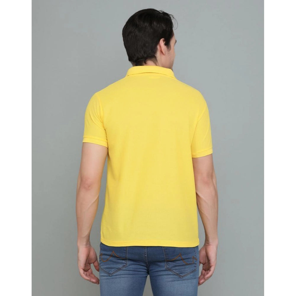 Yellow cotton blended polo neck t-shirt for men, solid pattern, half sleeve