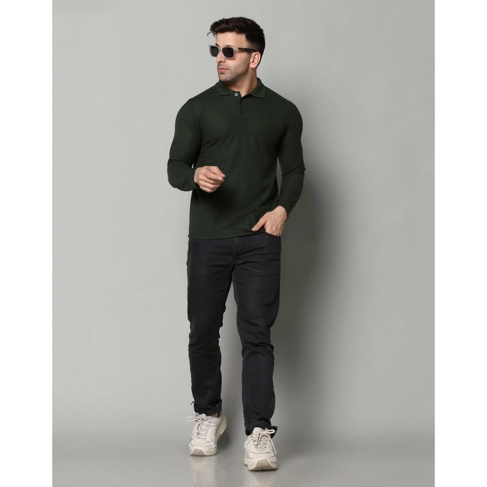 BGreen cotton-blend men's casual polo neck t-shirt, solid pattern with full sleeves