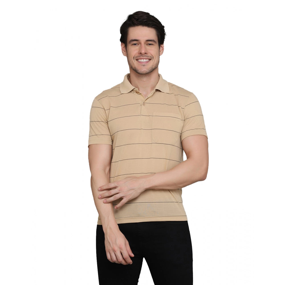 L.Beige cotton-blended striped men's casual half-sleeve polo neck t-shirt