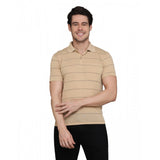 L.Beige cotton-blended striped men's casual half-sleeve polo neck t-shirt