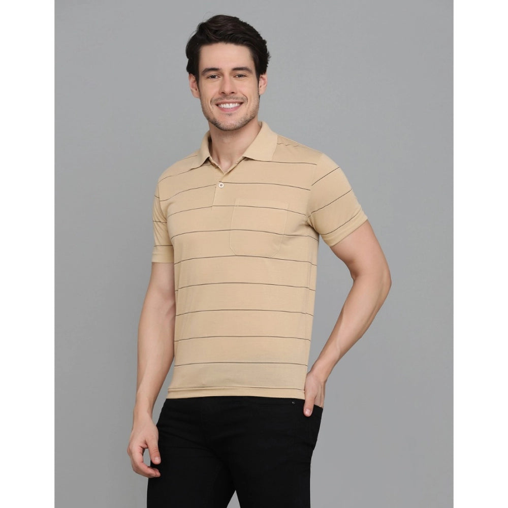 LBeige cotton-blended striped men's casual half sleeve polo neck t-shirt