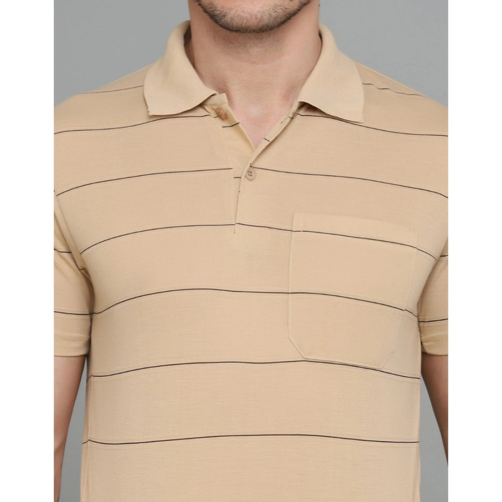 L.Beige cotton-blended striped men's casual half-sleeve polo neck t-shirt