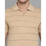 L.Beige cotton-blended striped men's casual half-sleeve polo neck t-shirt
