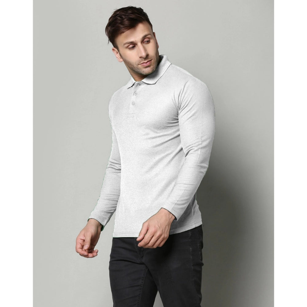 L.Grey cotton blended polo neck t-shirt for men, solid pattern with full sleeves
