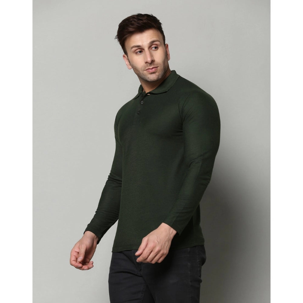 BGreen cotton-blend men's casual full sleeve polo neck t-shirt - solid design on model