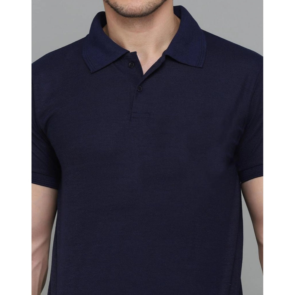 Navy Blue cotton blended men's casual polo neck t-shirt with half sleeves, solid pattern and regular fit