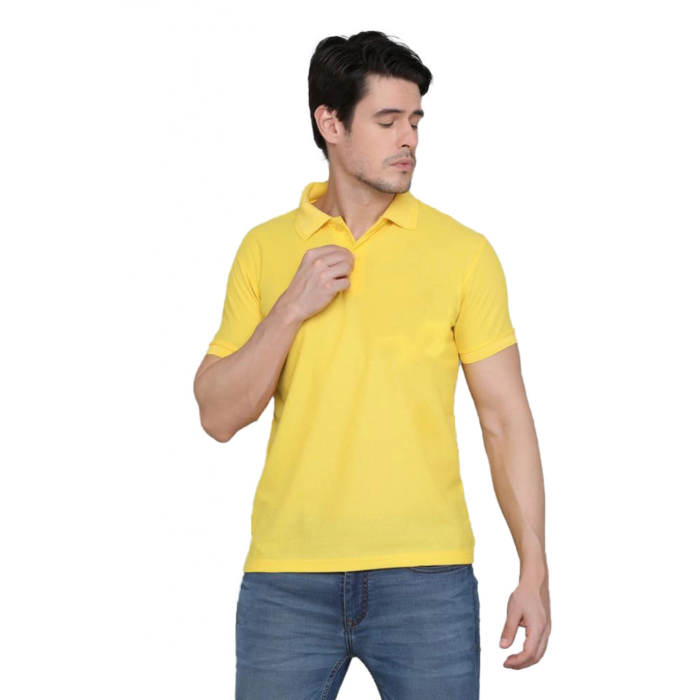 Yellow cotton blended men's casual half sleeve polo neck t-shirt, solid design on model