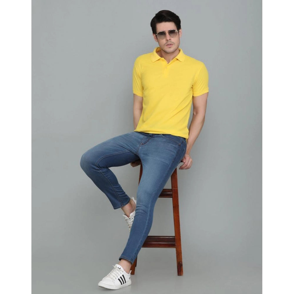 Yellow cotton blended polo neck t-shirt for men, solid pattern, half sleeve