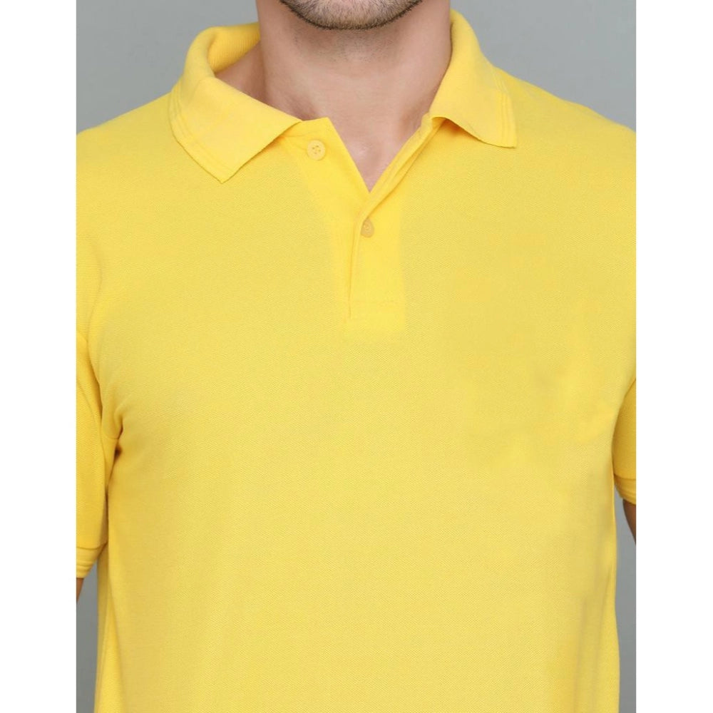 Yellow cotton blended polo neck t-shirt for men with half sleeves, solid pattern, regular fit