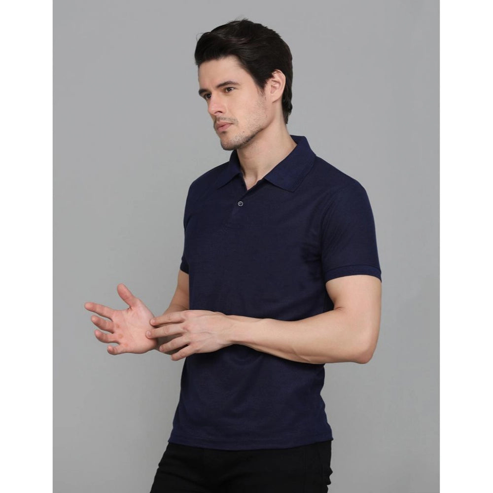 Navy blue cotton blended polo neck T-shirt for men, solid pattern with half sleeves
