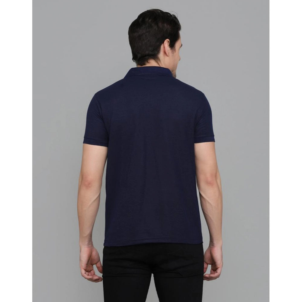 Navy Blue Cotton Blend Men's Casual Half Sleeve Solid Polo T-shirt