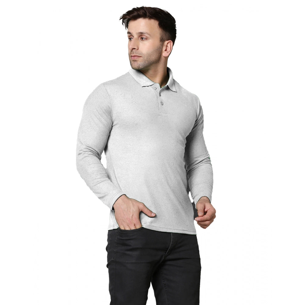 Mens casual full sleeve solid cotton blended polo neck t-shirt LGrey - Grey cotton blend men's polo tee, regular fit with long sleeves