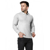 Mens casual full sleeve solid cotton blended polo neck t-shirt LGrey - Grey cotton blend men's polo tee, regular fit with long sleeves