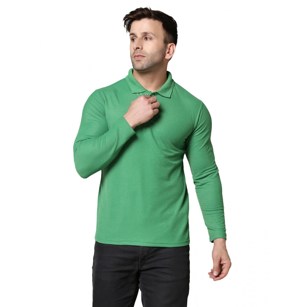 PGreen cotton blended polo neck men's casual t-shirt, solid design on mannequin